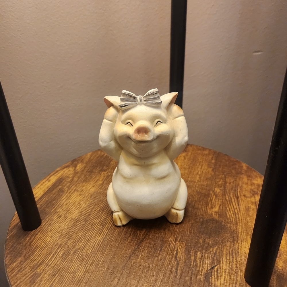 Adorable Cream Pig Figurine with Bow